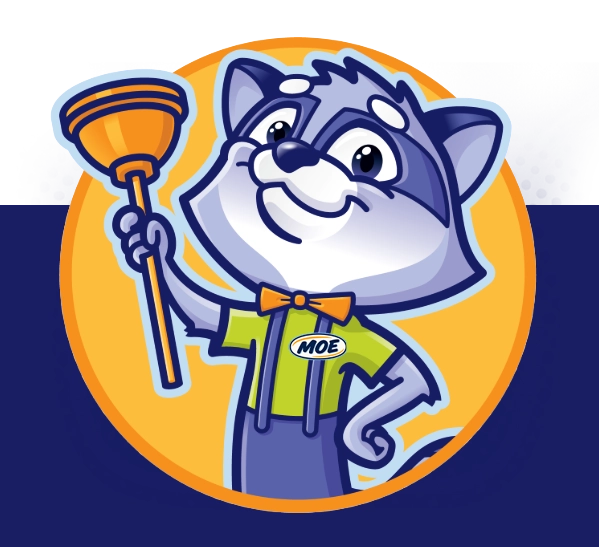 Cartoon raccoon mascot Moe holding a plunger, wearing a green shirt, orange bow tie, in yellow circle background.