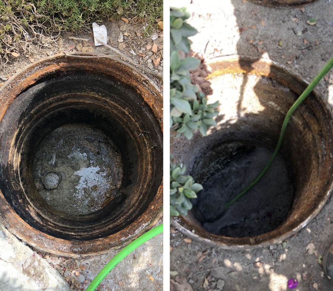 Dirty sewer opening being cleaned with a green hose, before and after comparison, outdoor maintenance.