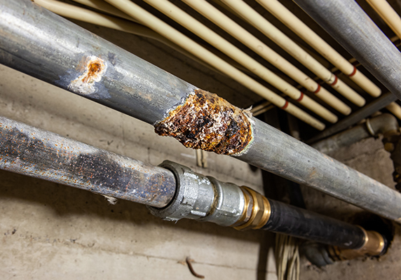 Rusted and corroded plumbing pipes in a basement, showing signs of decay and potential water leakage risk.