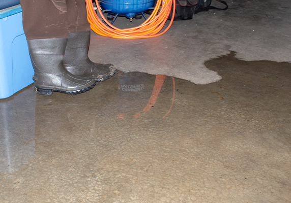 Person in boots standing near water puddle on garage floor, holding an orange extension cord.