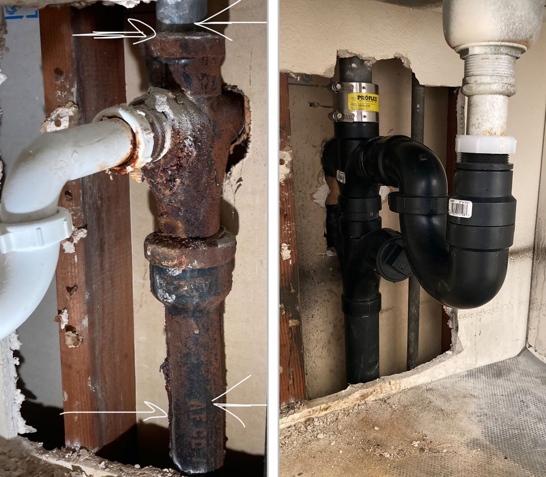 Old rusted pipe vs. new plastic plumbing repair in wall, showcasing before and after renovation.