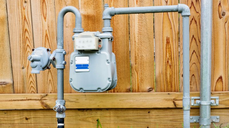 Outdoor residential gas meter with pipes against a wooden fence.