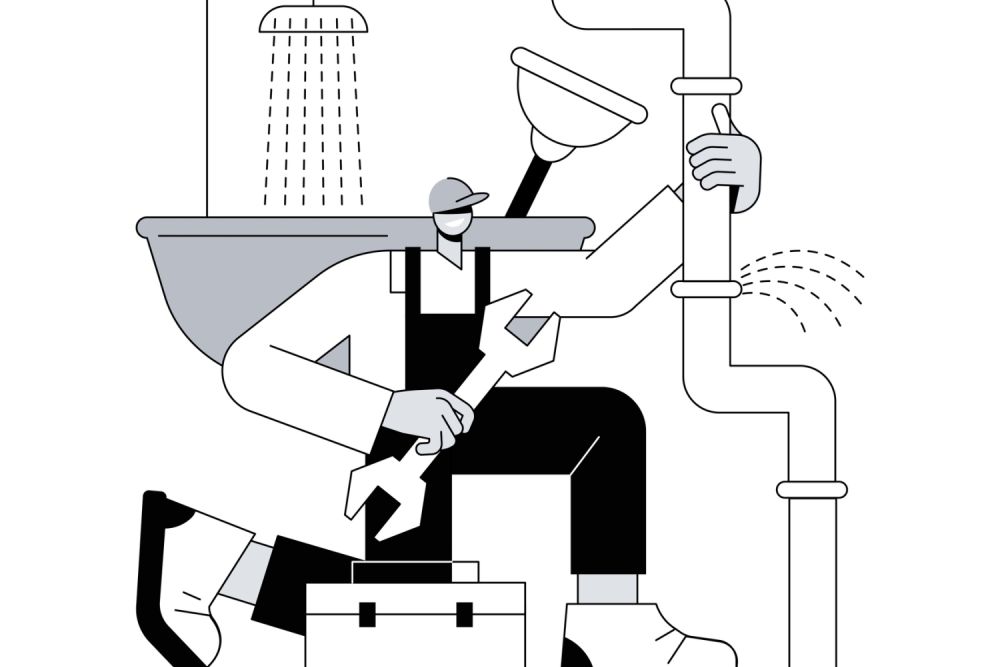 Illustration of a plumber fixing a leaking pipe with a wrench, toolbox nearby. Water splashing from pipe.