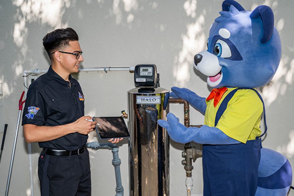 Technician and raccoon mascot discussing water softener installation outside.