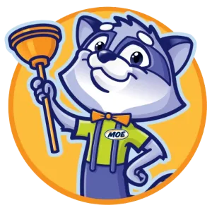 Cartoon raccoon holding a plunger, wearing a bow tie and green shirt with Moe name tag, on orange circle background.