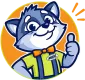 Illustration of cartoon raccoon character giving thumbs up, wearing a green shirt and orange bow tie.