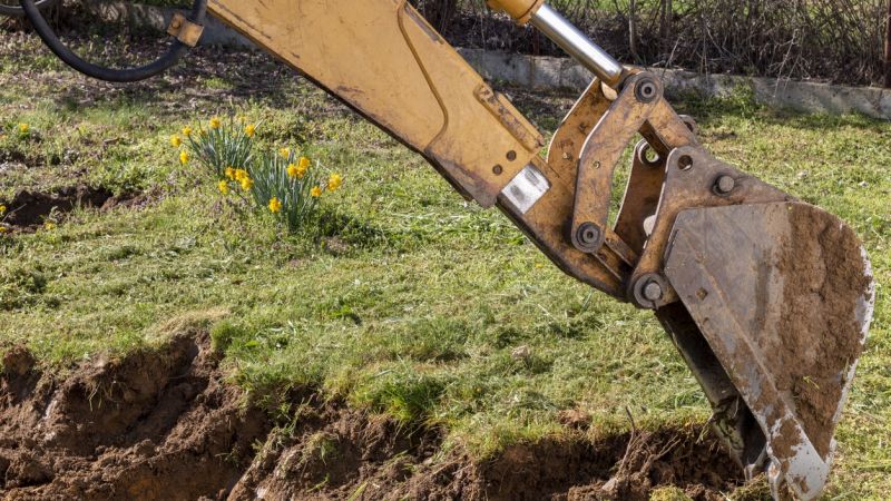 Excavator digging soil in a garden with blooming yellow flowers, spring construction site.