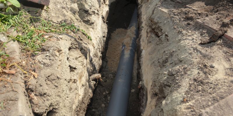 Underground PVC pipe installation in a trench for drainage or plumbing infrastructure.