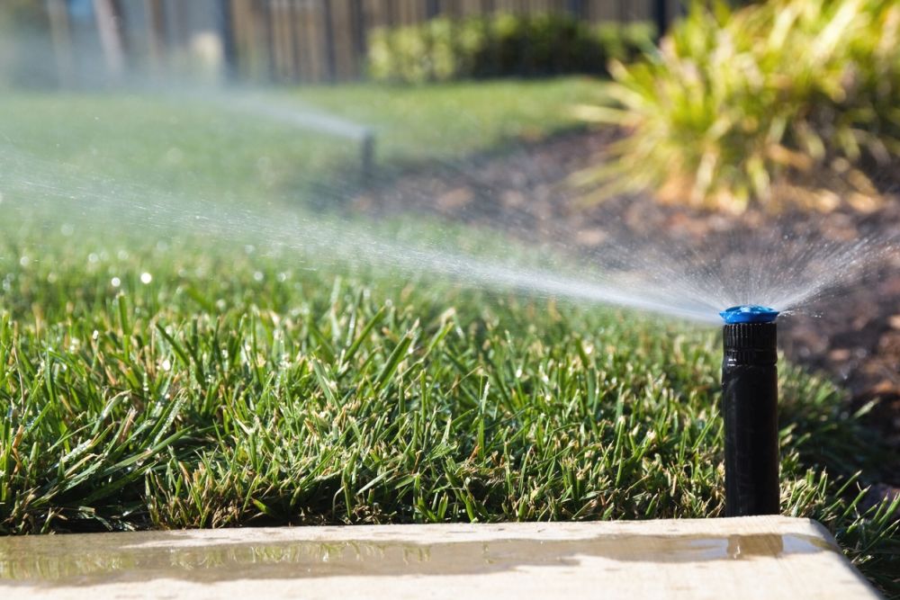Lawn sprinkler watering grass in sunny garden, efficient irrigation system for lush greenery maintenance.