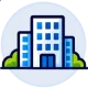Icon of a modern office building with trees, representing corporate or urban architecture, on a blue circular background.