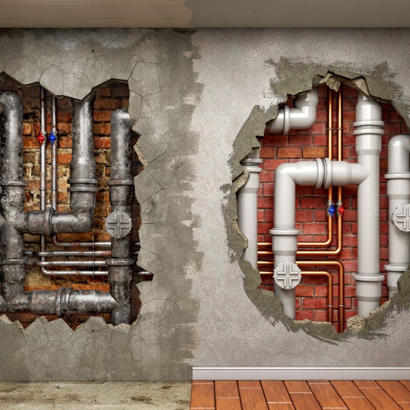 Comparison of old and new plumbing in exposed wall sections showcasing piping upgrades.