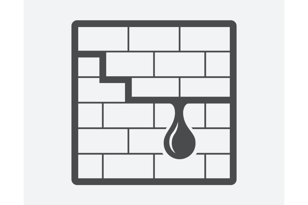 Icon of a brick wall with a droplet symbol, indicating water leakage or construction issue.