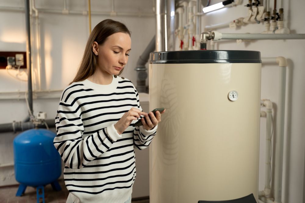 Woman using smartphone near water heater in utility room.