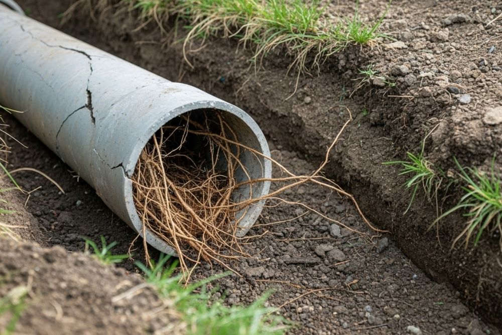 Cracked pipe in soil with tree roots blocking the flow, highlighting plumbing and drainage issues.