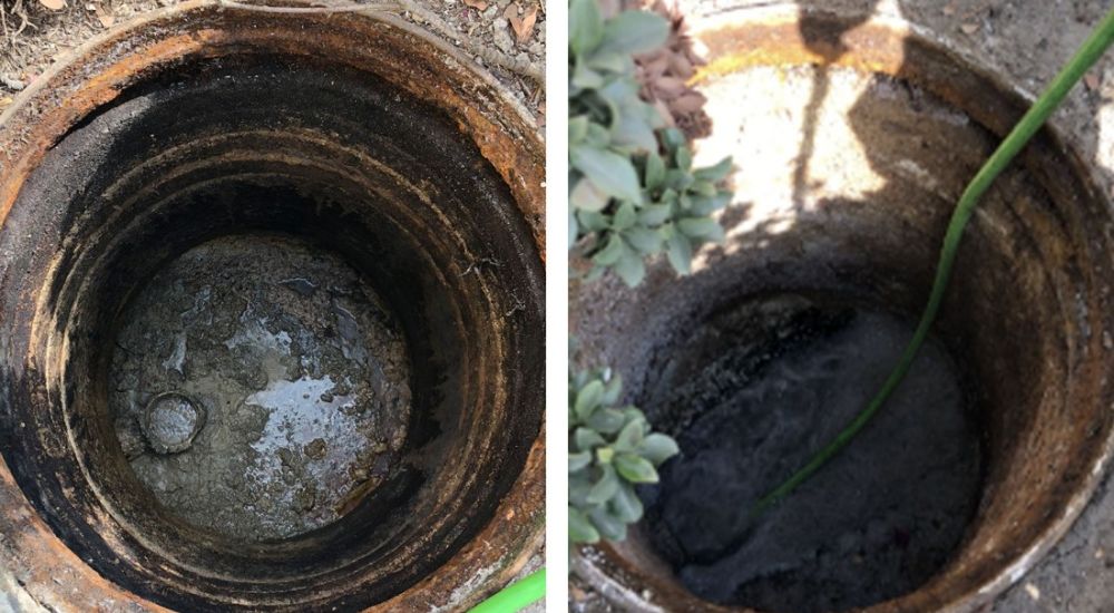 Dirty sewer opening being cleaned with a green hose, before and after comparison, outdoor maintenance.