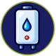 Icon of a water heater with a blue water drop and a red button, on a blue background with a green border.