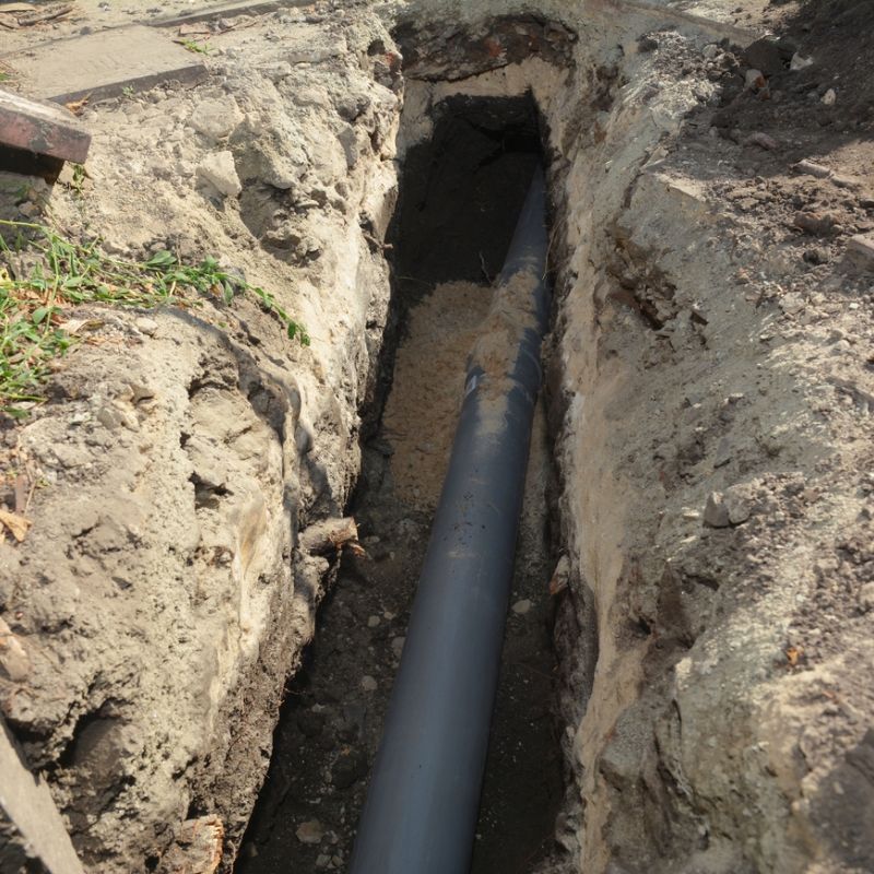Underground PVC pipe installation in a trench for drainage or plumbing infrastructure.