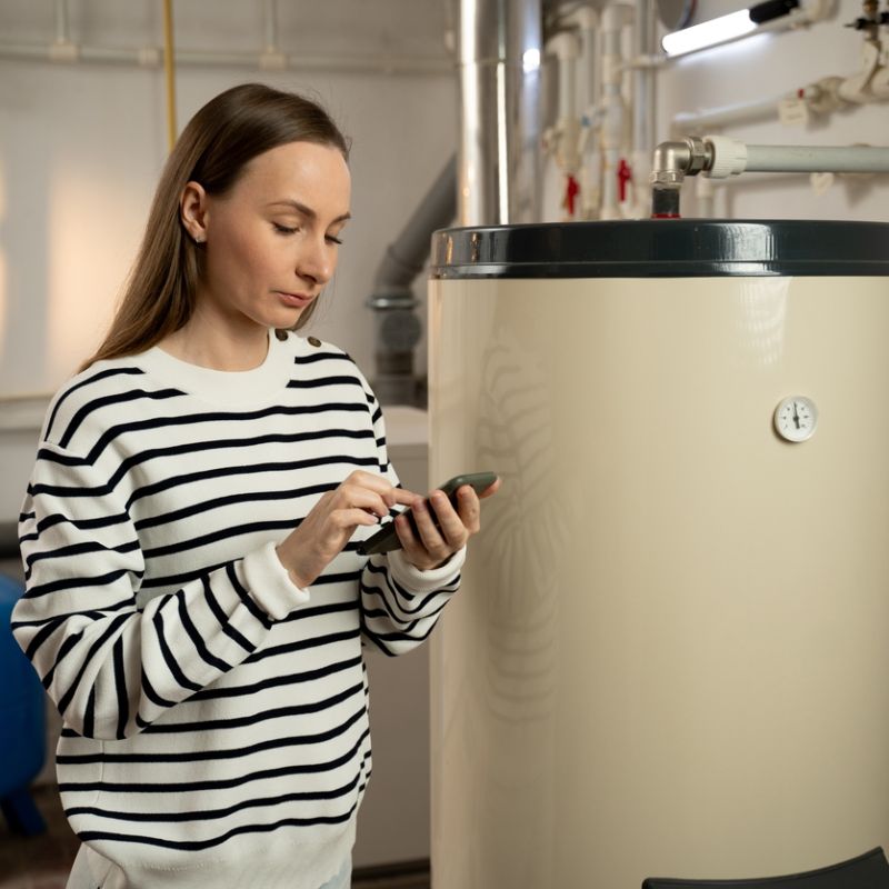 Woman using smartphone near water heater in utility room.