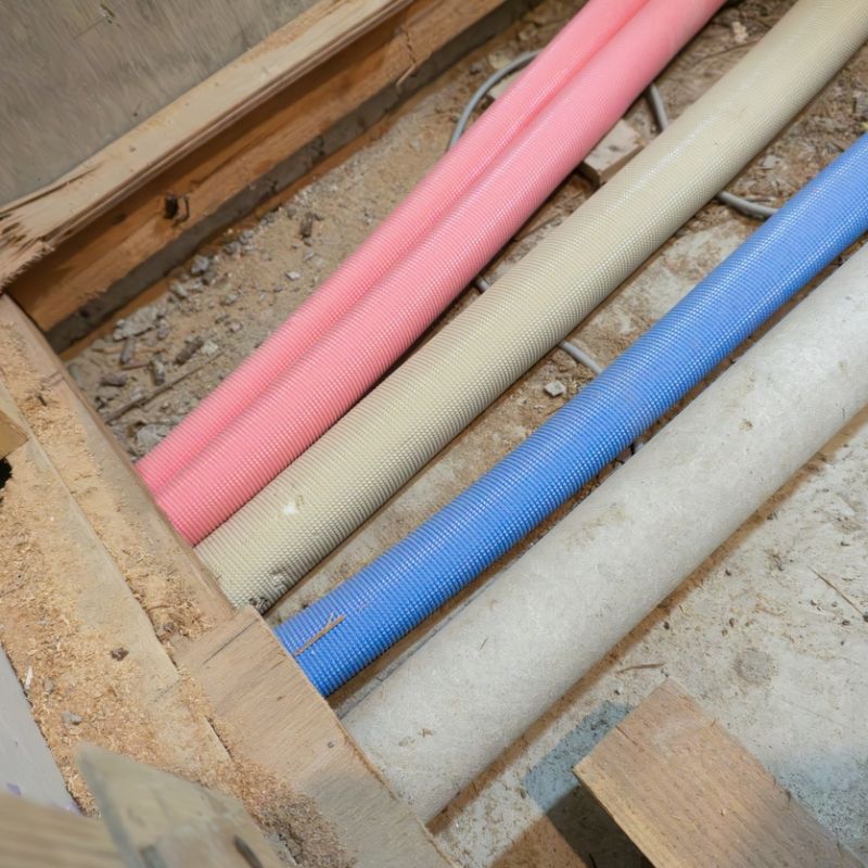Colorful plastic trays installed in a floor for efficient electrical wiring and cable management in construction.