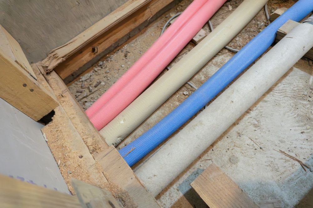 Colorful plastic trays installed in a floor for efficient electrical wiring and cable management in construction.