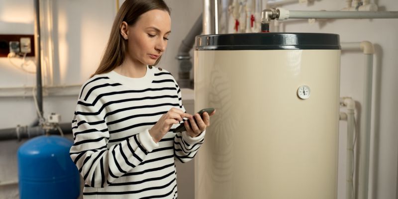 Woman using smartphone near water heater in utility room.