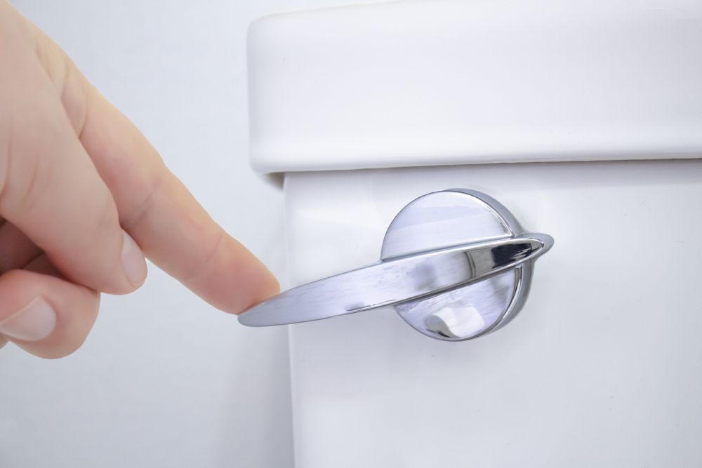 Hand pressing modern toilet flush lever on a white cistern, emphasizing bathroom fixtures and hygiene.
