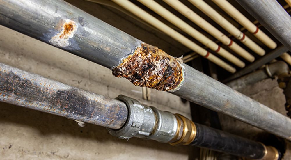 Rusted and corroded plumbing pipes in a basement, showing signs of decay and potential water leakage risk.