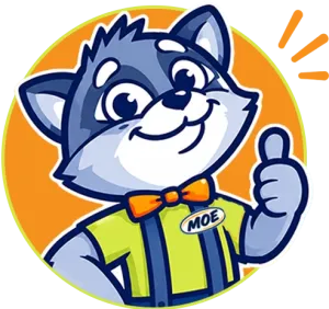 Illustration of cartoon raccoon character giving thumbs up, wearing a green shirt and orange bow tie.