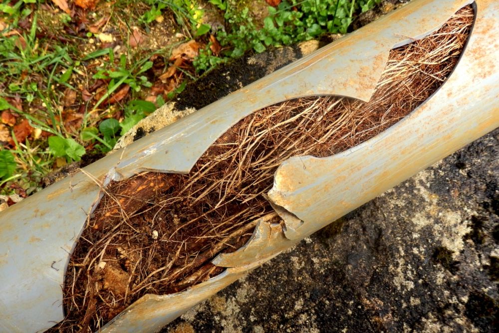 Cracked pipe clogged with tree roots in a garden setting, causing drainage issues.
